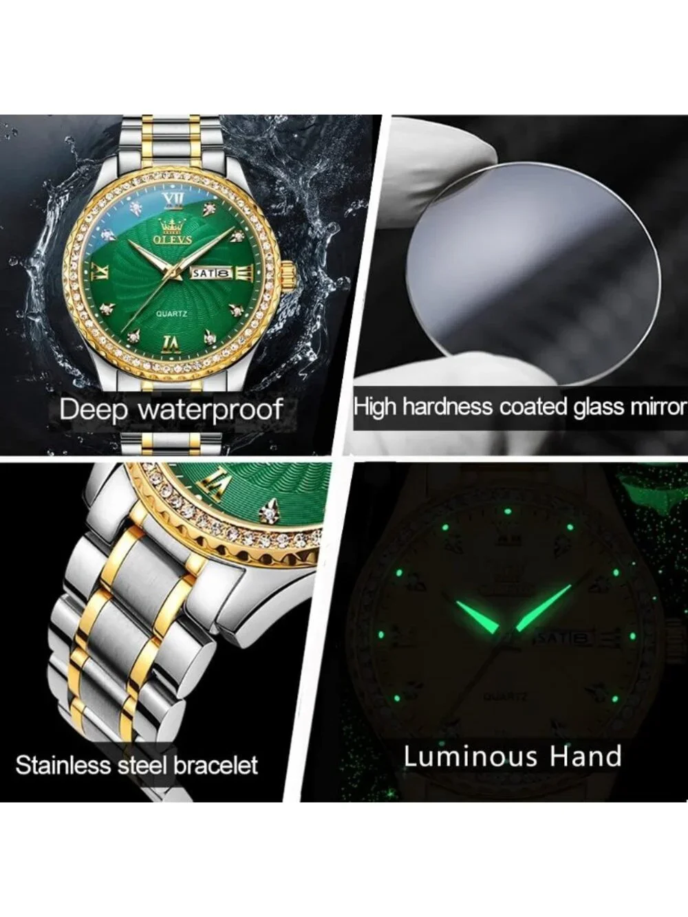 Men's Silver Green Big Dial Analog Quartz Stainless Relojes Waterproof Watch
